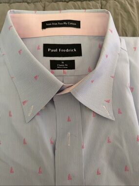 Paul Fredrick Light Blue Stripe Dress Shirt with Pink Sailboat Motif